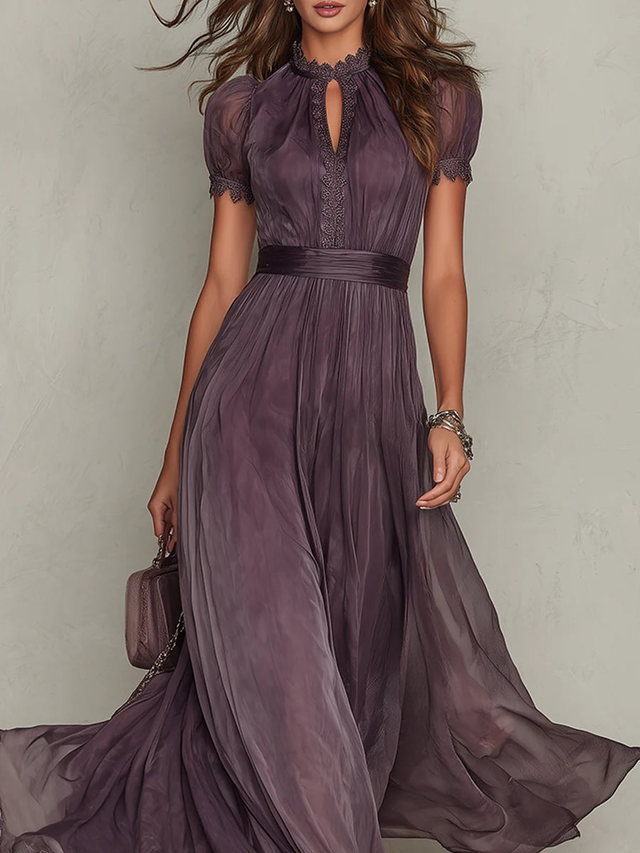 Lace Trim Gathered Waist Maxi Fall Dresses for Women Wedding Guest Events
