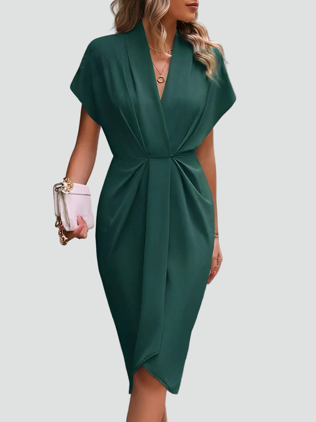 Draped Deep-V Split-Front Women's Midi Dress with Tulip Hem