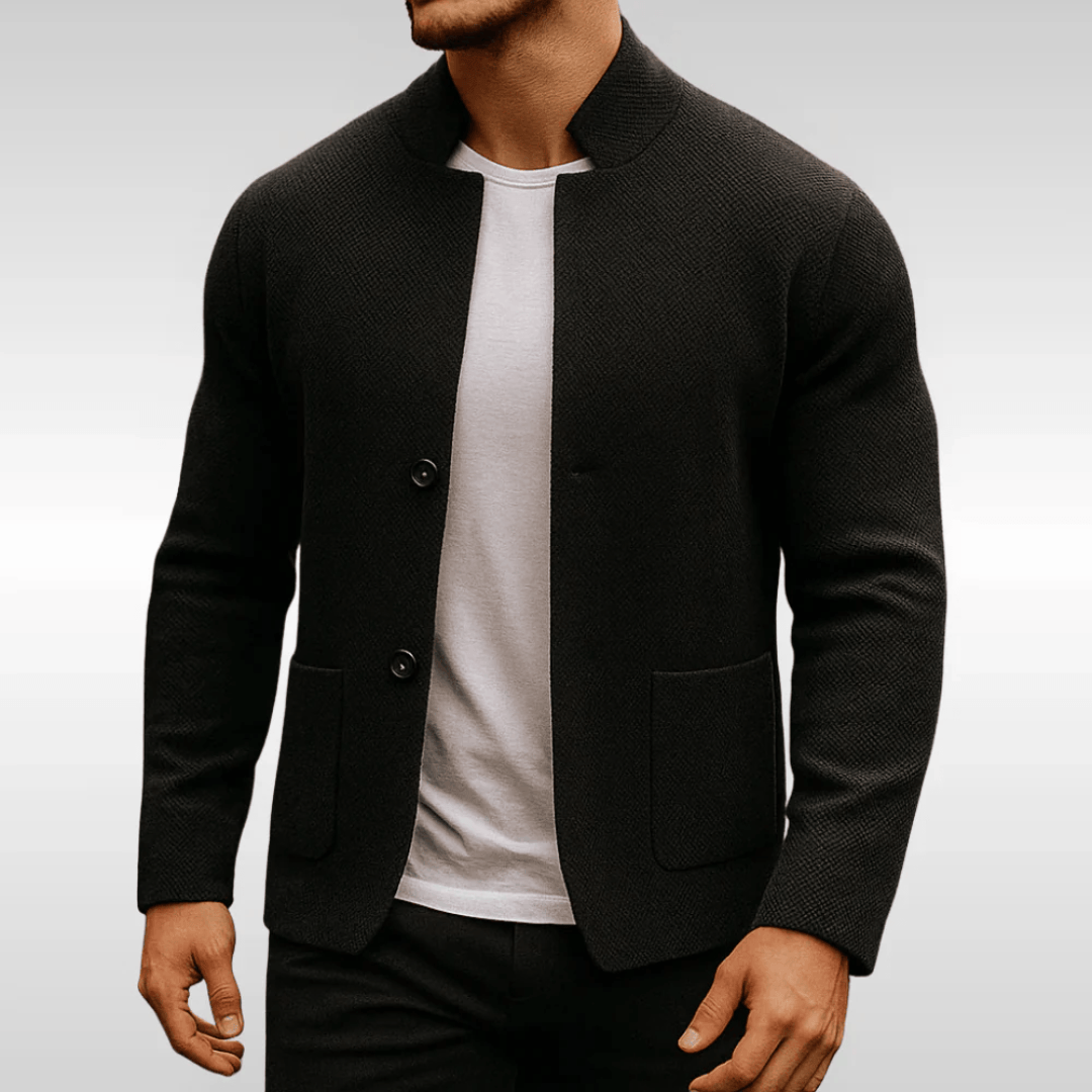 Men's Structured Knit Sweater Blazer with Mandarin Collar