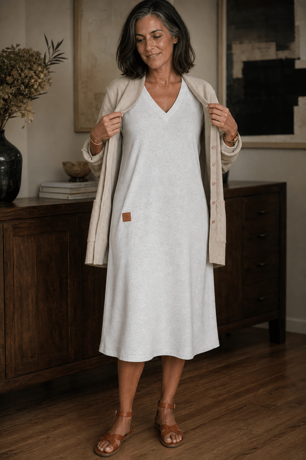 Women's A-Line V-Neck Midi Sweater Dress with Pockets