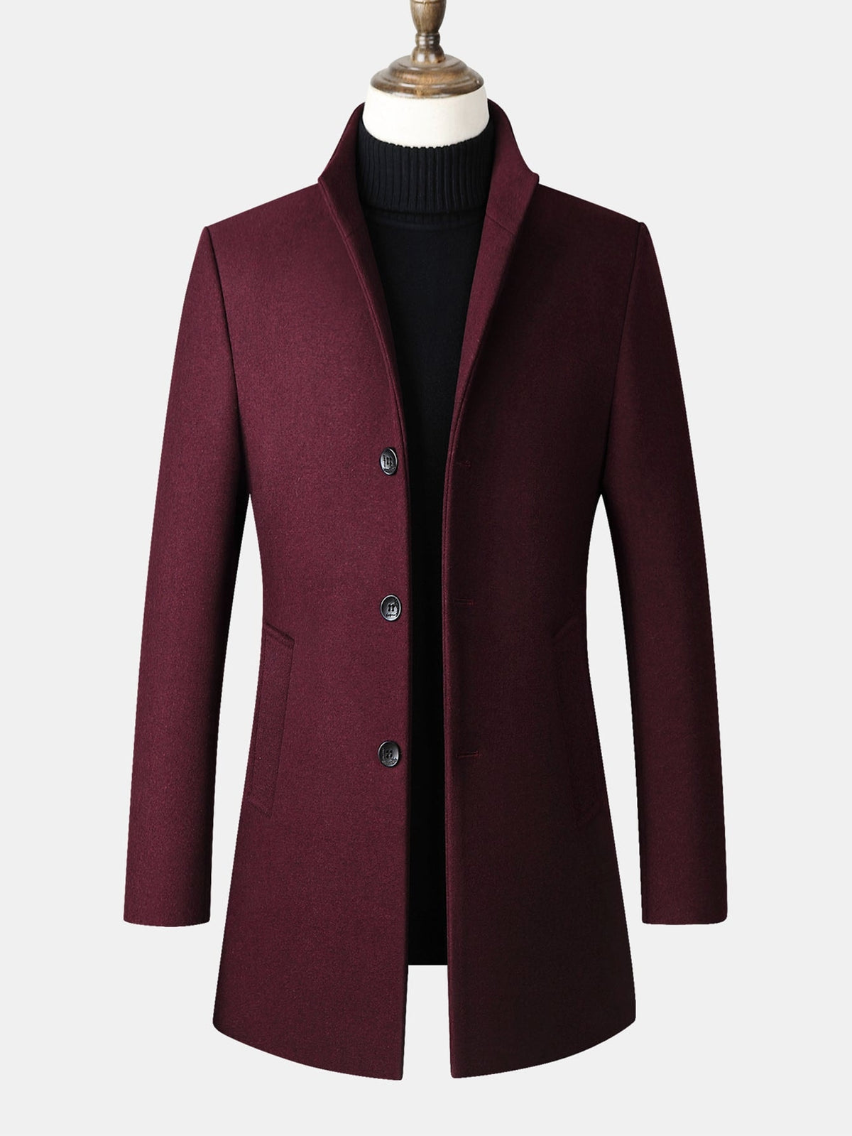 Men's Tailored Long Wool Blend Winter Coat with Stand Collar and Button Front