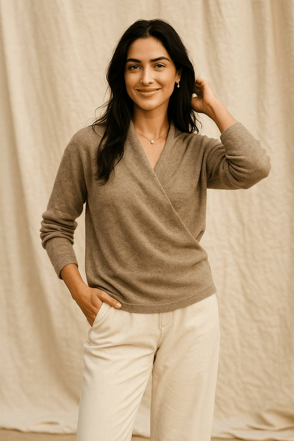 Women's Wrap-Front Knitted Sweater with V-Neck and Ribbed Hem