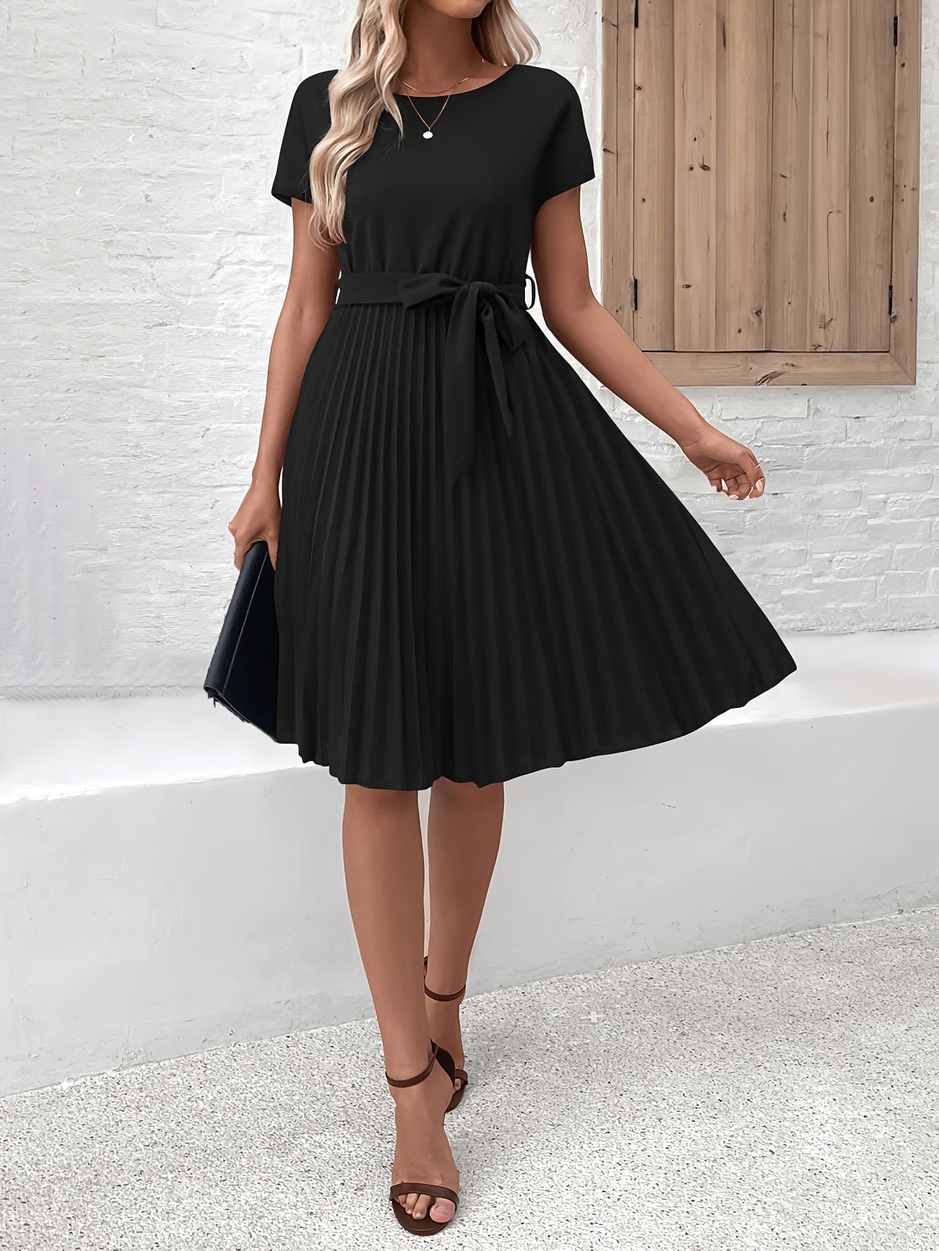 Pleated Midi Dress with Tie Waist for Fall Wedding Guest Occasions
