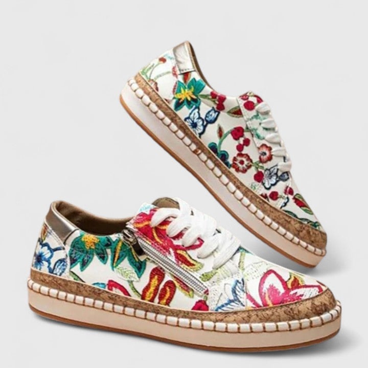 Floral Embroidered Platform Sneakers with Cork Sole for Women