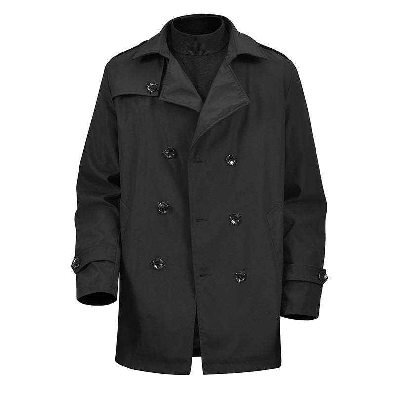 Men's Double-Breasted Short Trench Coat with Wide Lapels and Shoulder Epaulettes