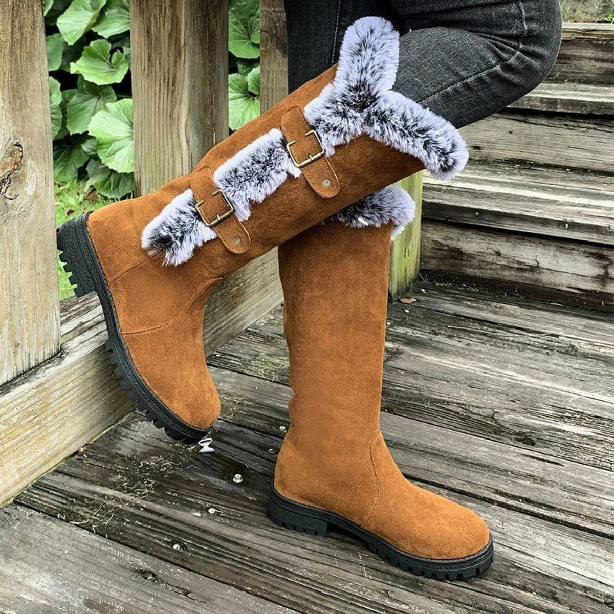 Women's Knee-High Faux Suede Boots with Buckle Straps and Plush Fur Trim