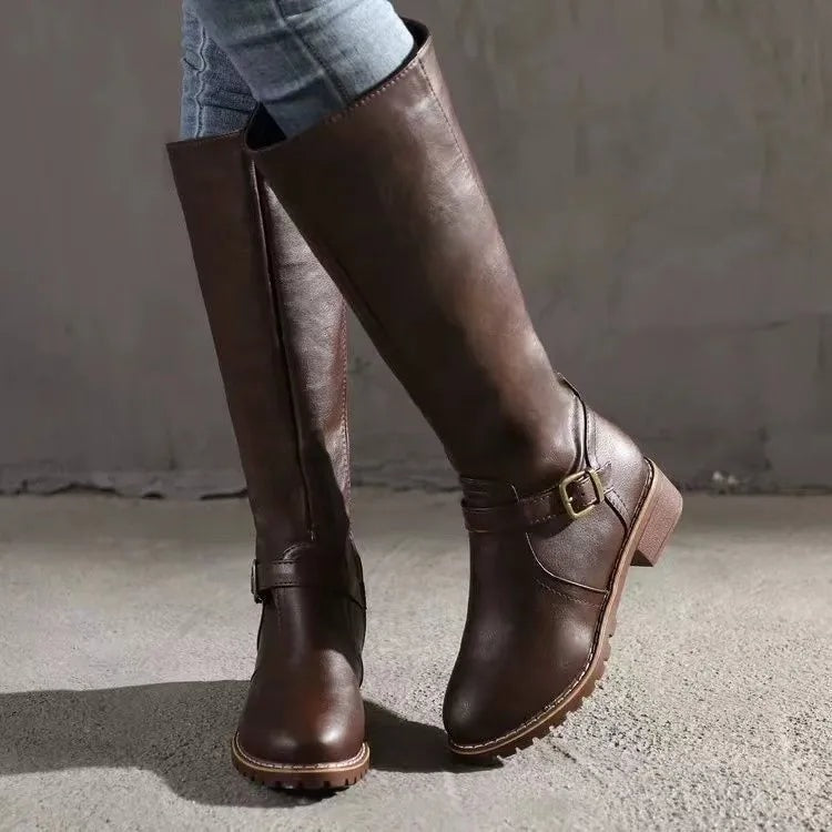 Knee High Riding Fall Boots with Side Zipper and Buckle Strap