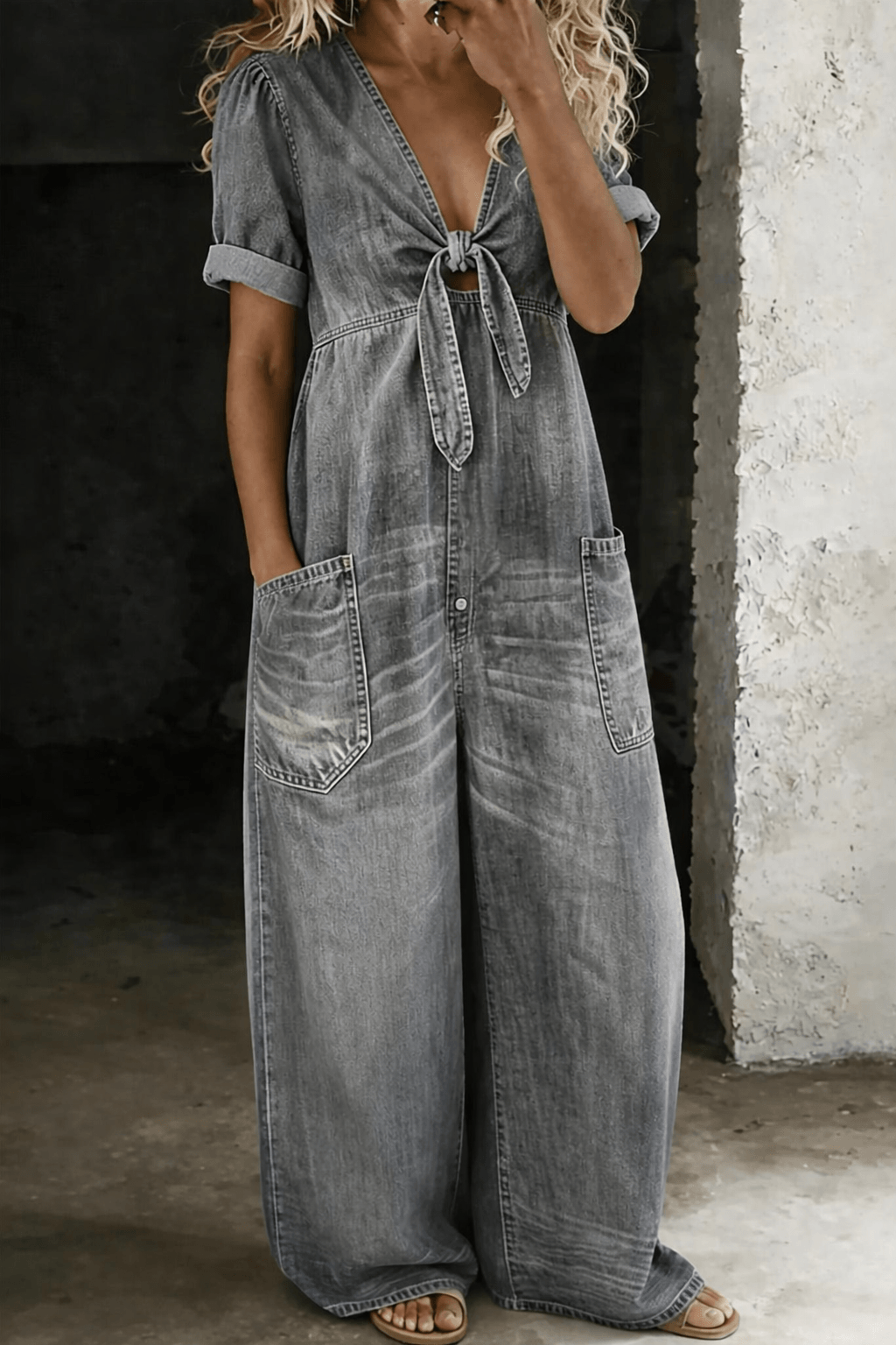 Maya Denim Tie-Front Jumpsuit with Wide Leg and Pockets