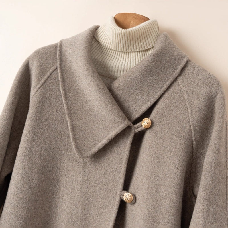 Women's Long Wool Winter Coat with Faux Fur Cuffs and Oversized Collar