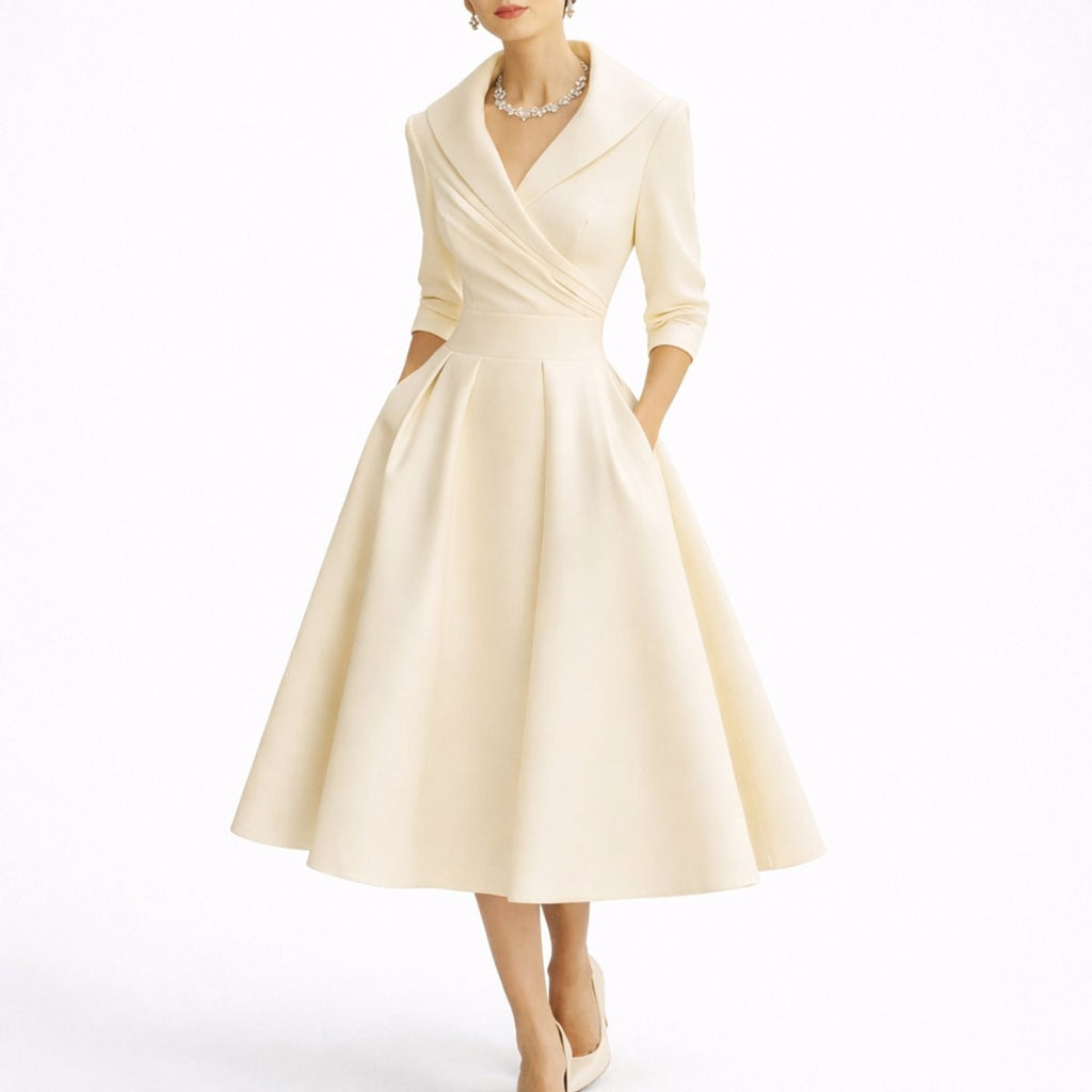 Women's Wrap-Front A-Line Midi Dress with Wide Collar and Side Pockets