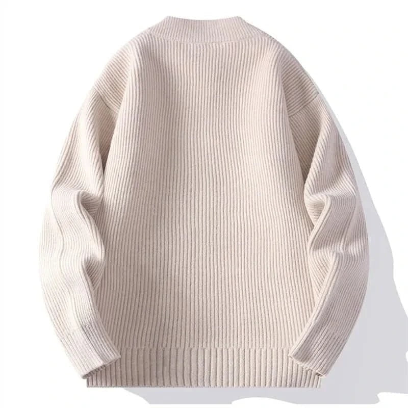 Men's Ribbed Knit Zip-Up Cardigan with Stand Collar and Patch Pockets