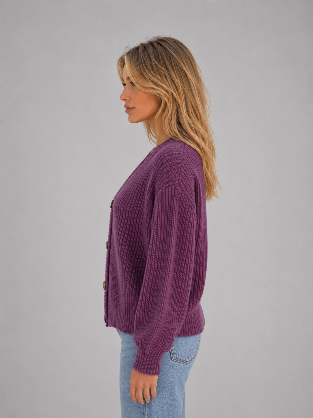Women's Chunky Ribbed Knit V-Neck Cardigan with Oversized Buttons and Relaxed Sleeves