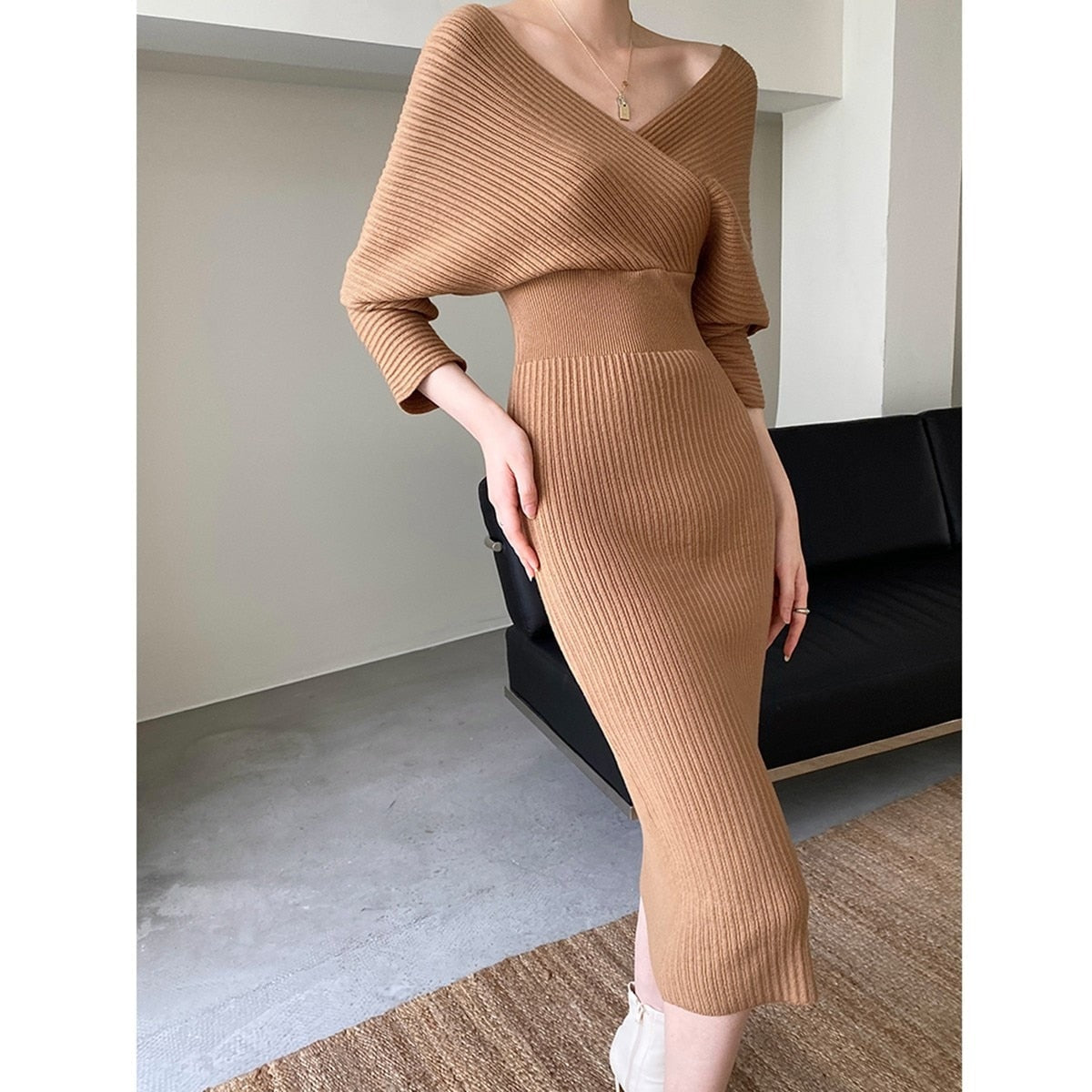 Women's Ribbed Knit Wrap Midi Sweater Dress with V-Neck and Long Sleeves