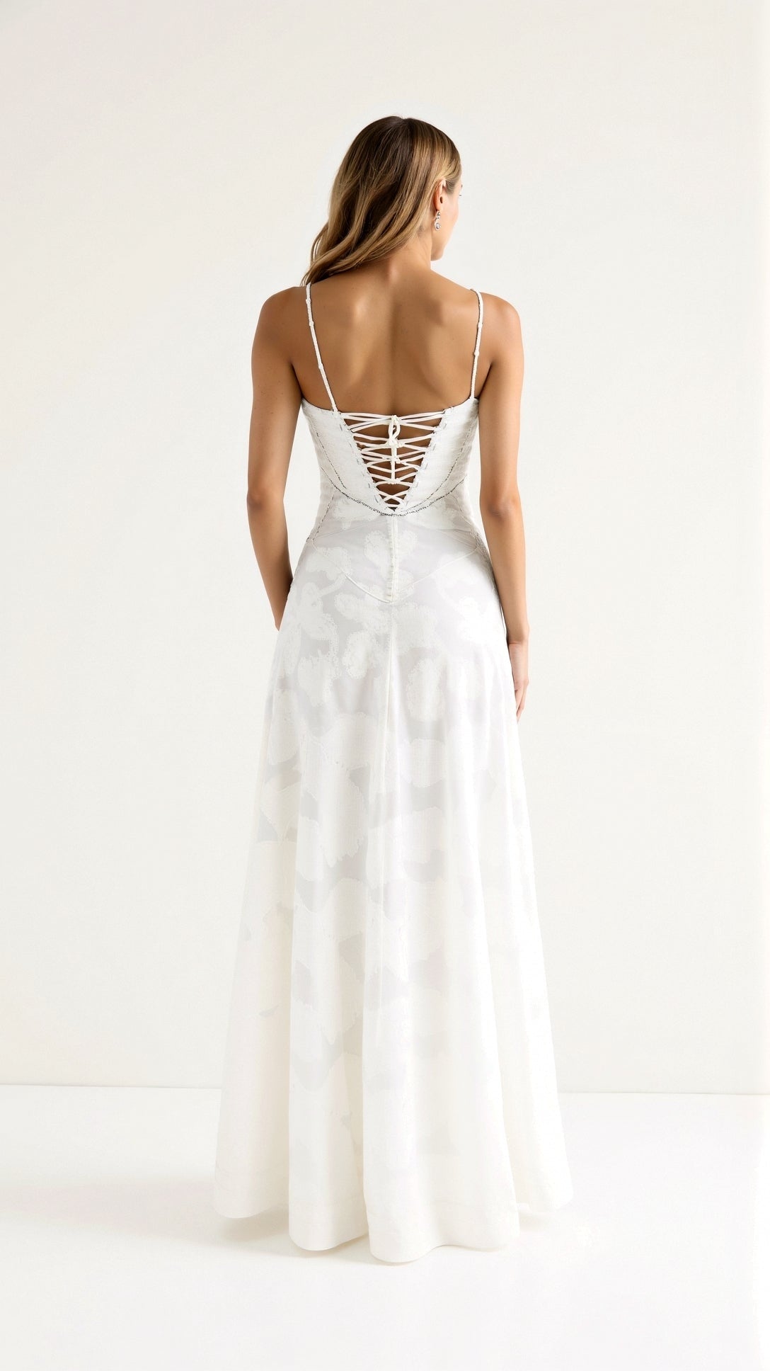 Women's Floral Bustier Maxi Wedding Guest Dress with Lace-Up Corset Back