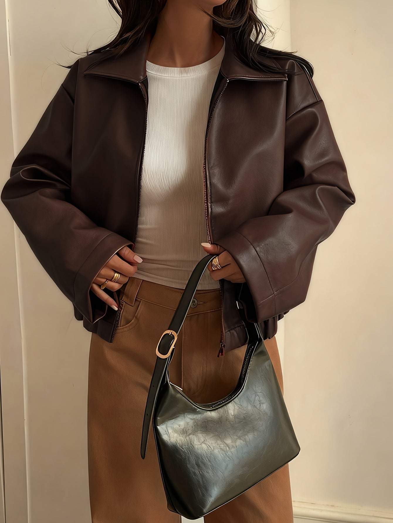 Cropped Faux Leather Jacket with Collar and Zip Front for Women