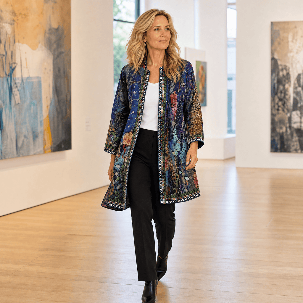 Patterned Open-Front Jacket with Embellished Trim for Women