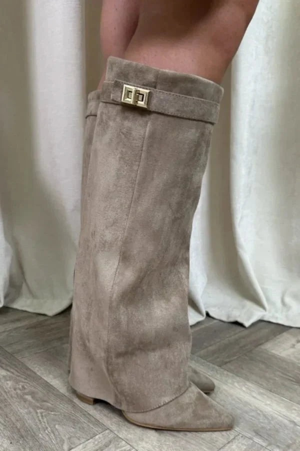 Women's Pointed-Toe Fold-Over Knee-High Boots with Block Heel and Turn-Lock Detail