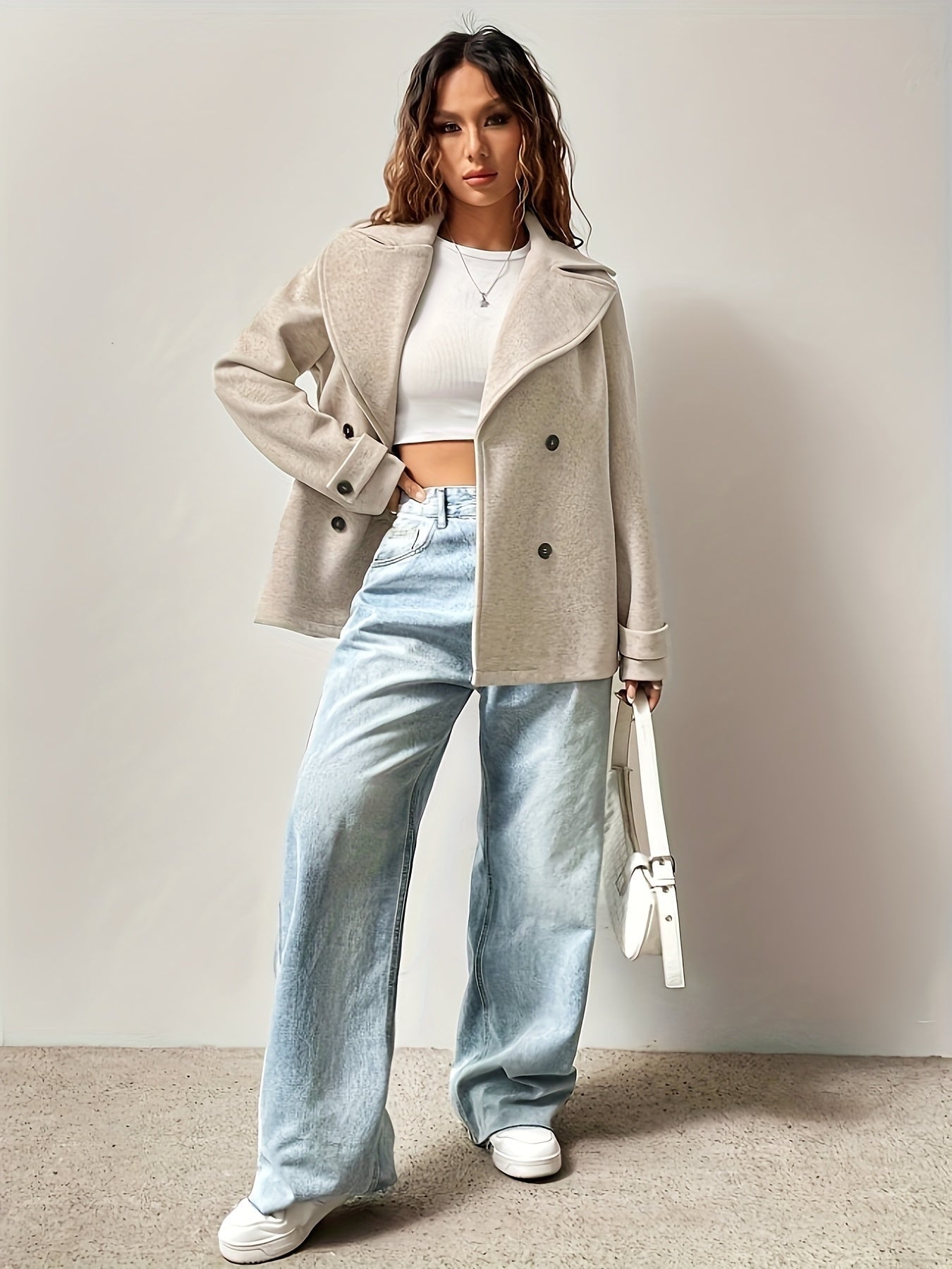 Oversized Double Breasted Pea Coat with Notched Lapel for Women