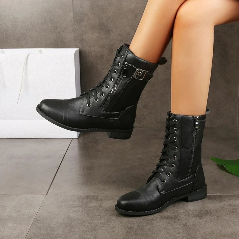 Lace-Up Ankle Fall Boots with Side Zipper and Buckle Strap