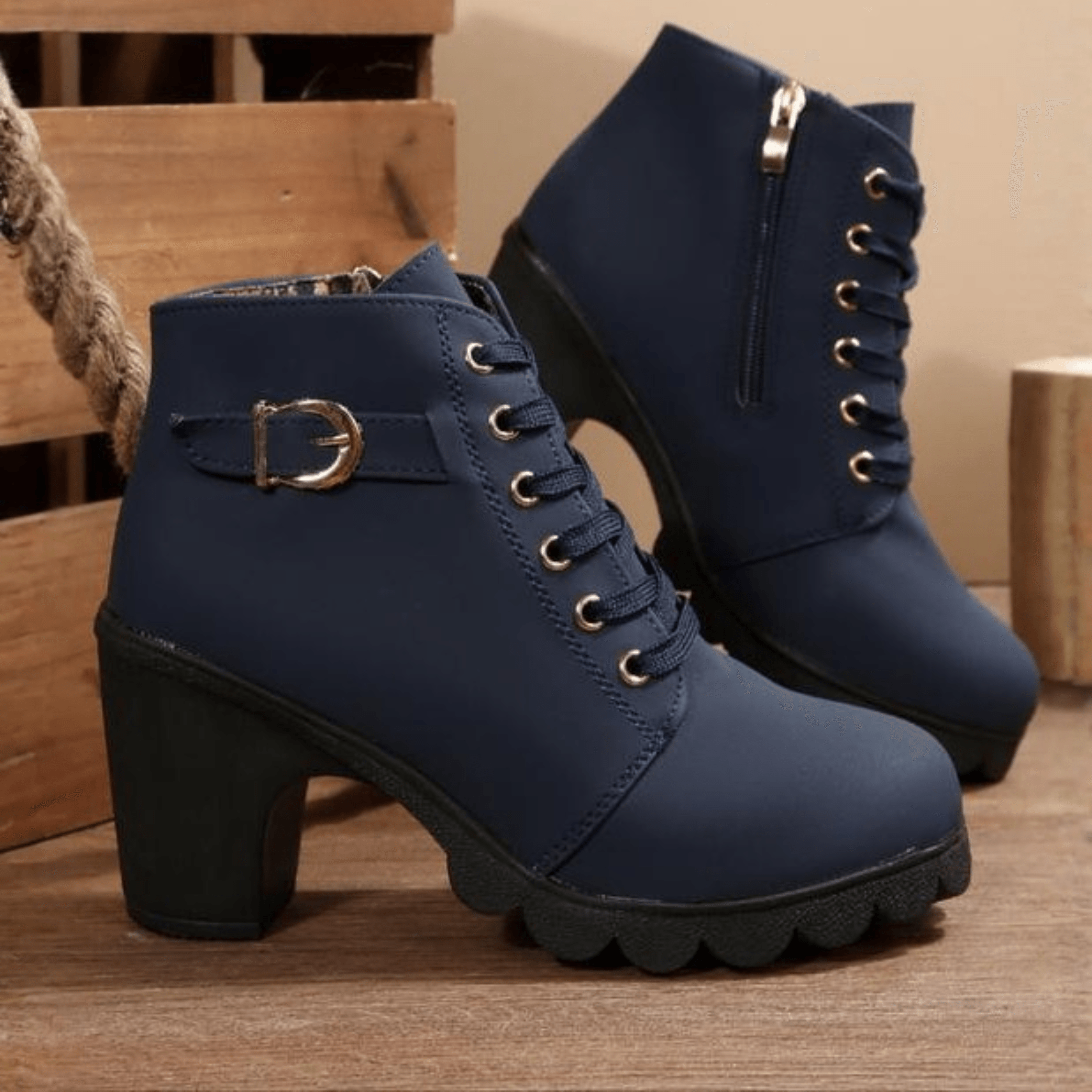 Lace-Up Ankle Black Boots with Side Zipper and Block Heel