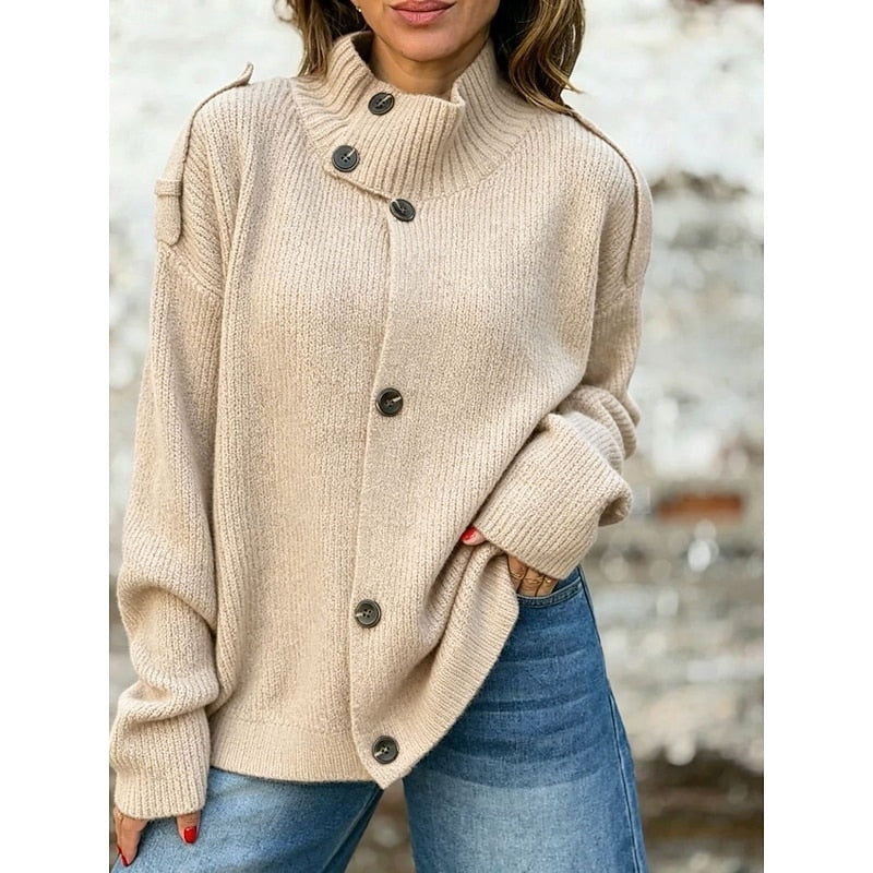 Women's Stand-Collar Knit Cardigan with Oversized Fit and Button Front