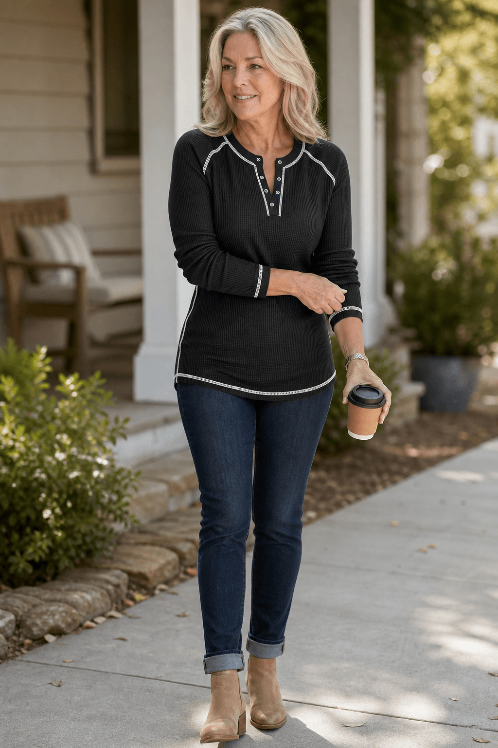 Women's Waffle Knit Henley Top with Button Placket