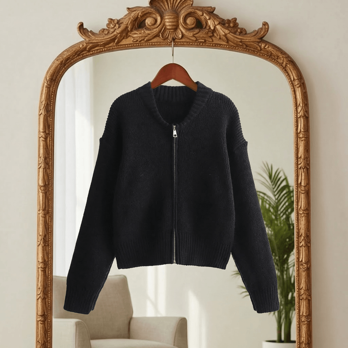 Women's Chunky Knit Zip-Up Cardigan with Bomber Collar and Ribbed Hem