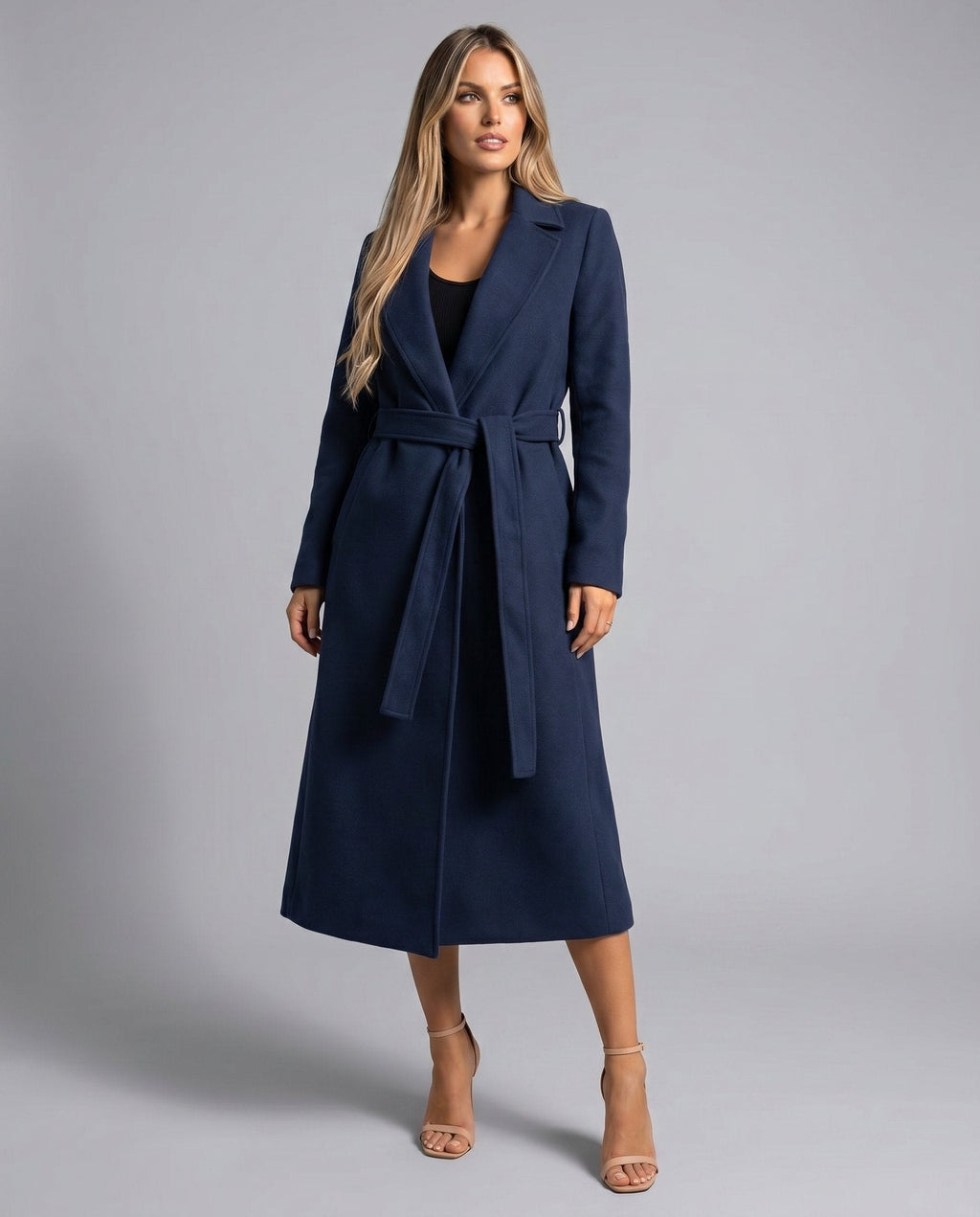 Belted Wool-Blend Long Lapel Winter Trench Coat for Women