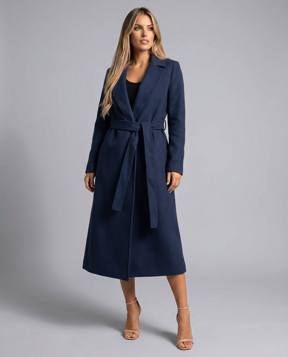 Belted Wool-Blend Long Lapel Winter Trench Coat for Women
