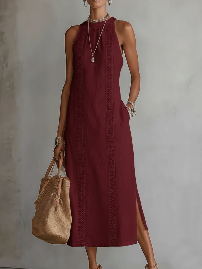Lace Panel Midi Fall Dresses for Women with Side Slits for Wedding Guest Looks