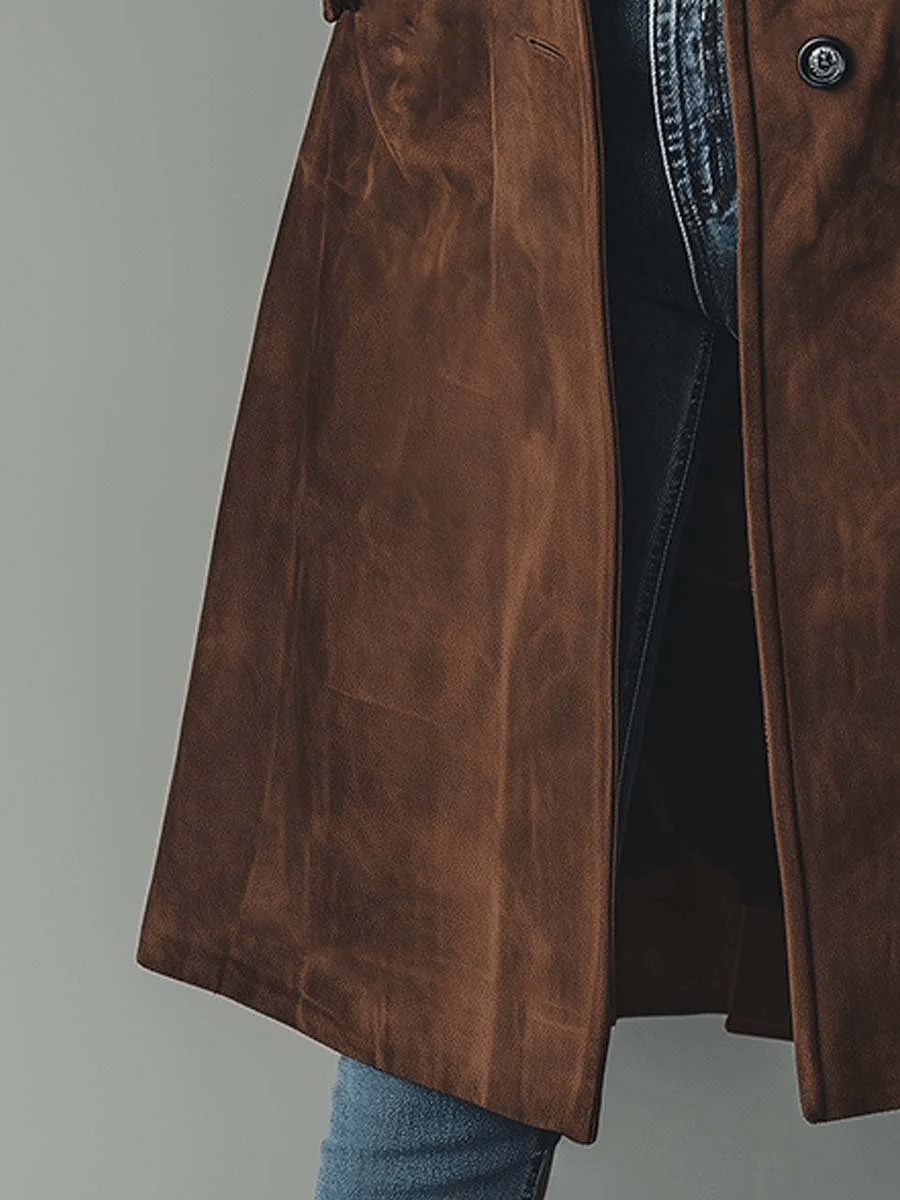 Longline Faux Suede Button-Front Trench Coat with Lapel Collar
