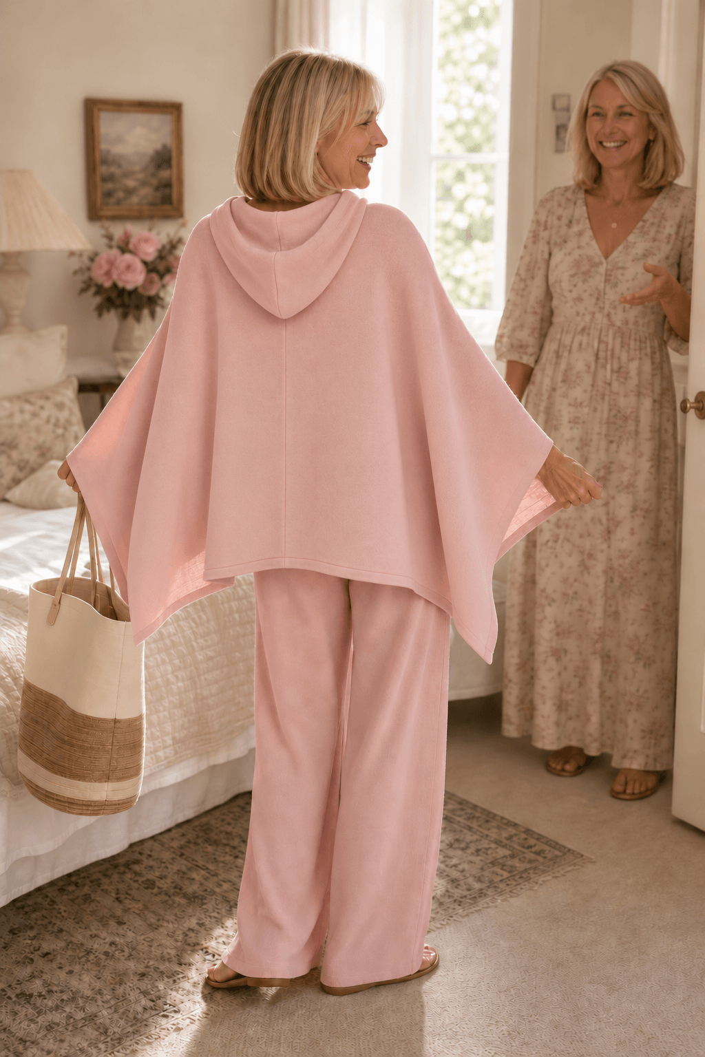 Women's Hooded Cape Top and Wide-Leg Trouser Two Piece Set