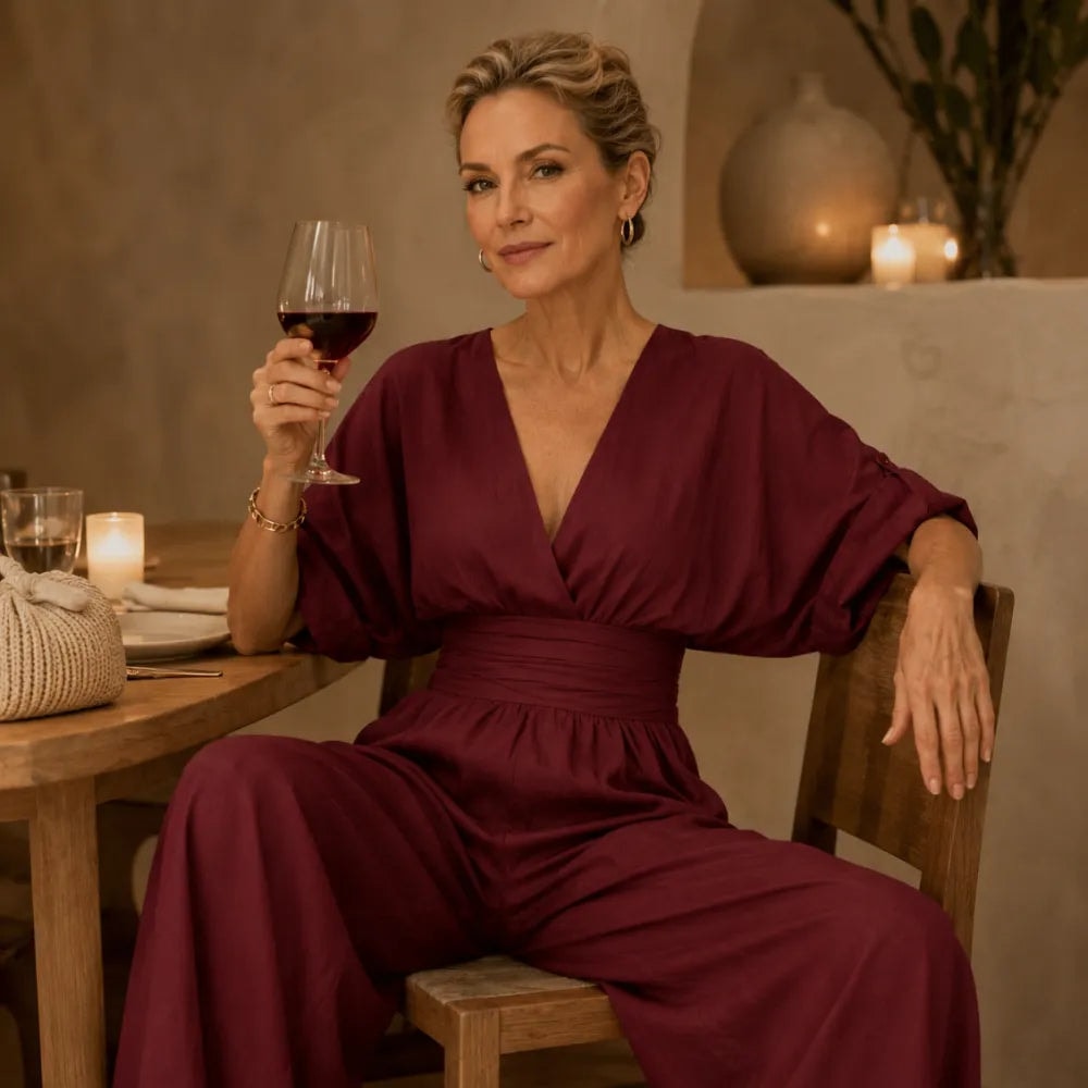 Wide-Leg Jumpsuit with V Neck and Pleated Waist Sash