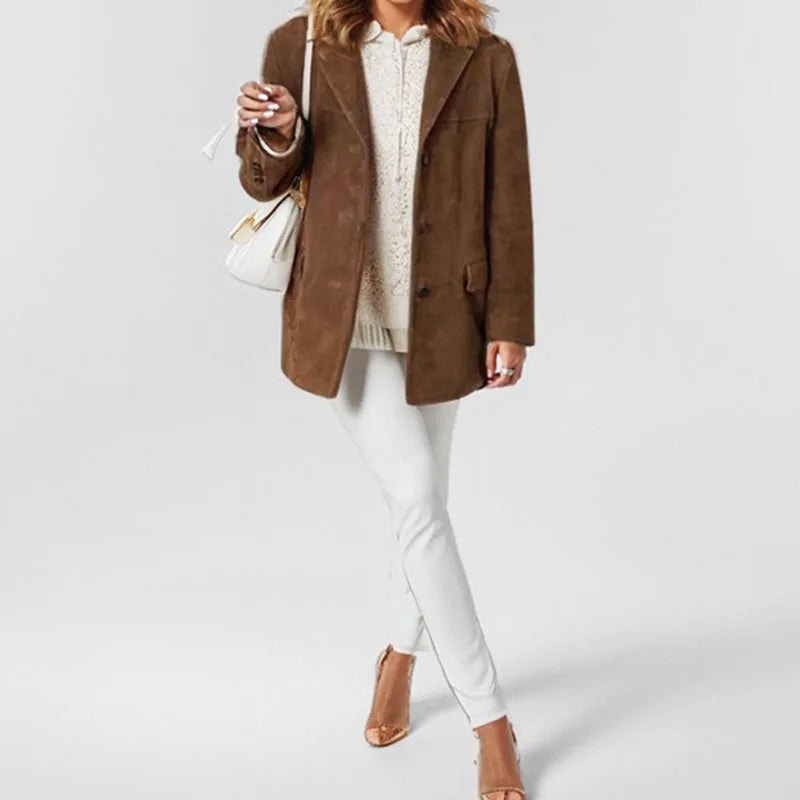 Women's Faux Suede Tailored Blazer with Notched Lapels and Flap Pockets