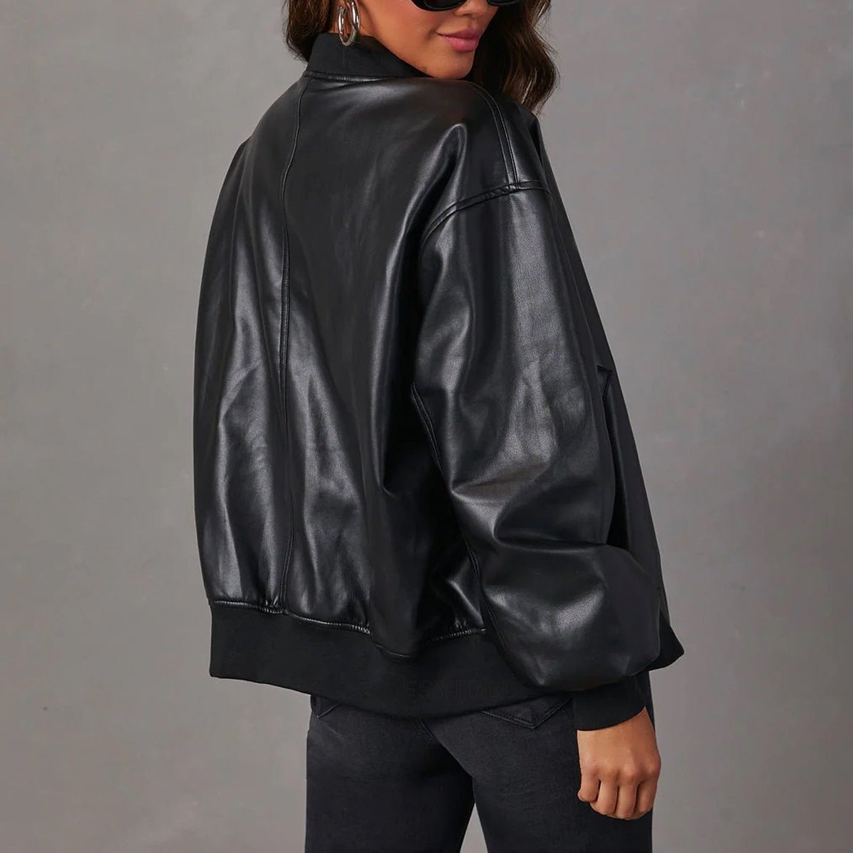 Oversized Faux Leather Bomber Jacket with Stand Collar and Ribbed Trim
