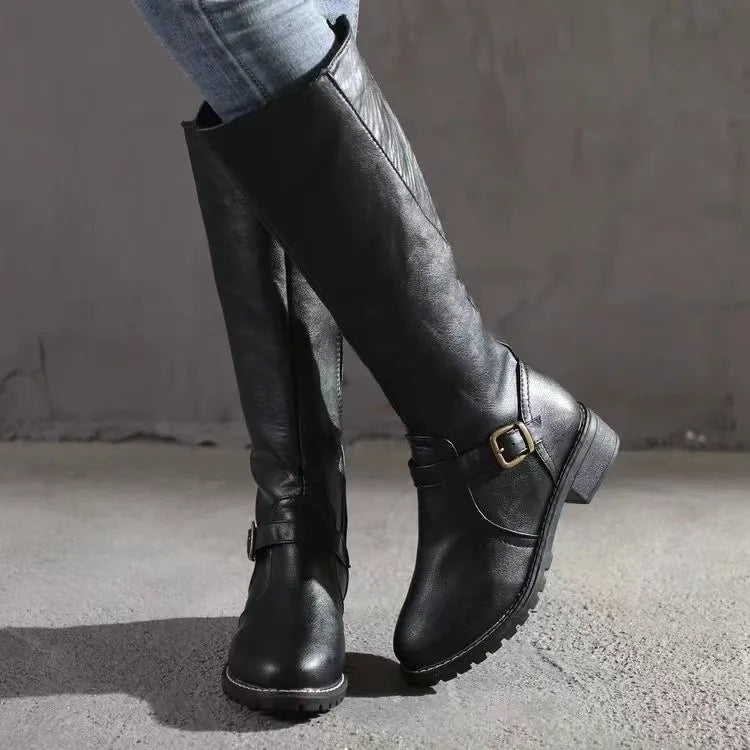 Knee High Riding Fall Boots with Side Zipper and Buckle Strap