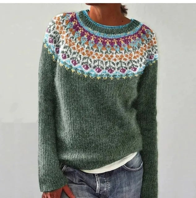 Victoria Fair Isle Crew Neck Women's Knitted Sweater with Geometric Pattern