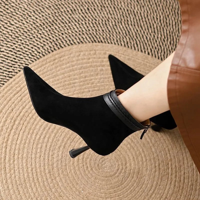 Fang Pointed-Toe Suede Women's Ankle Boots with Sculpted Kitten Heel