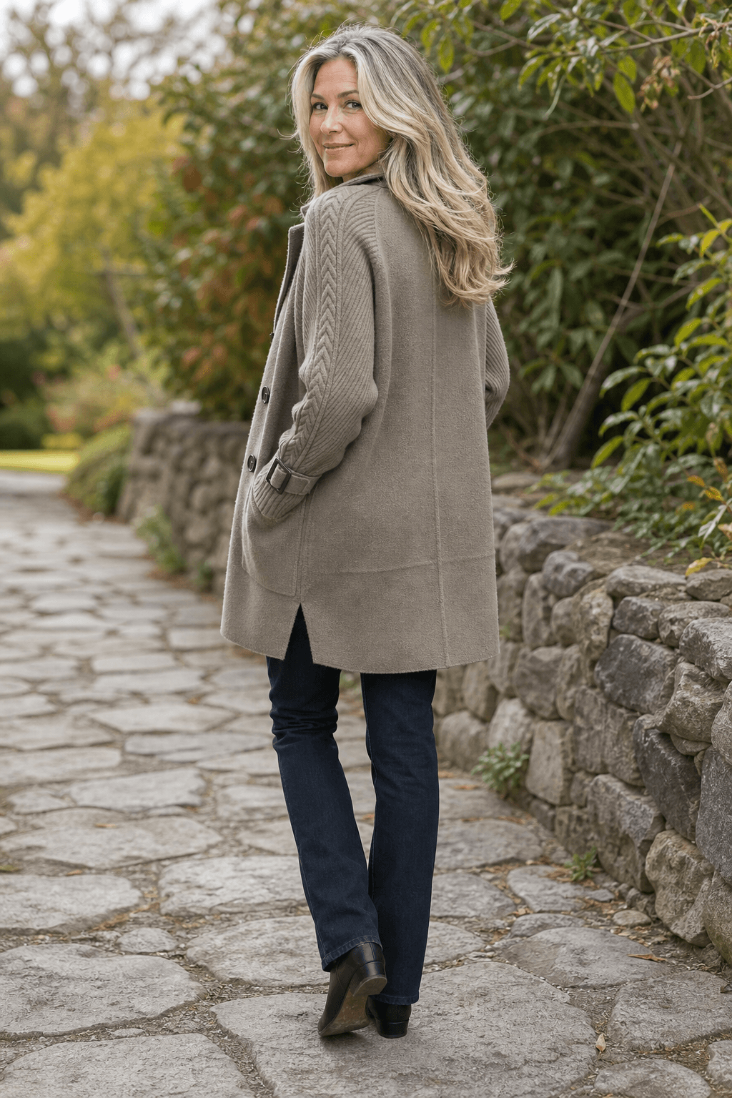 Isola Cable-Knit Sleeve Double-Breasted Longline Winter Coat for Women