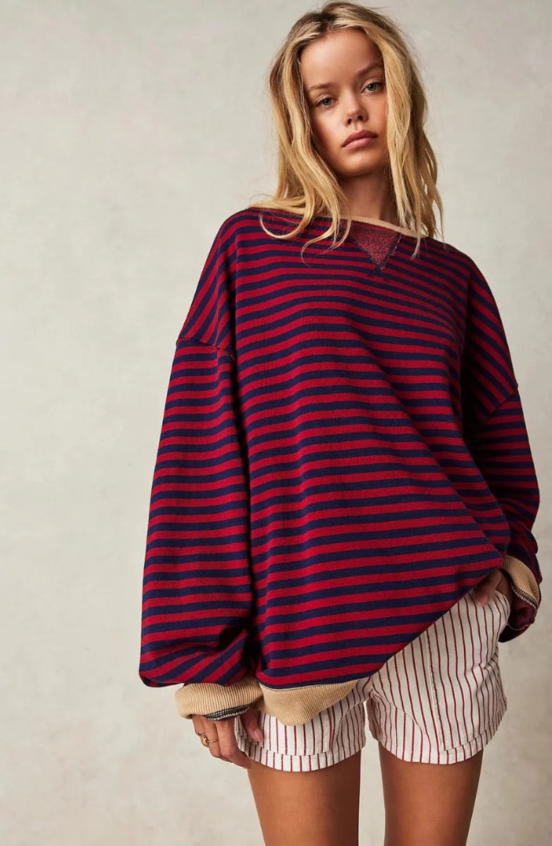 Women's Oversized Striped Long-Sleeve Sweater with Contrast Trim and Crew Neck