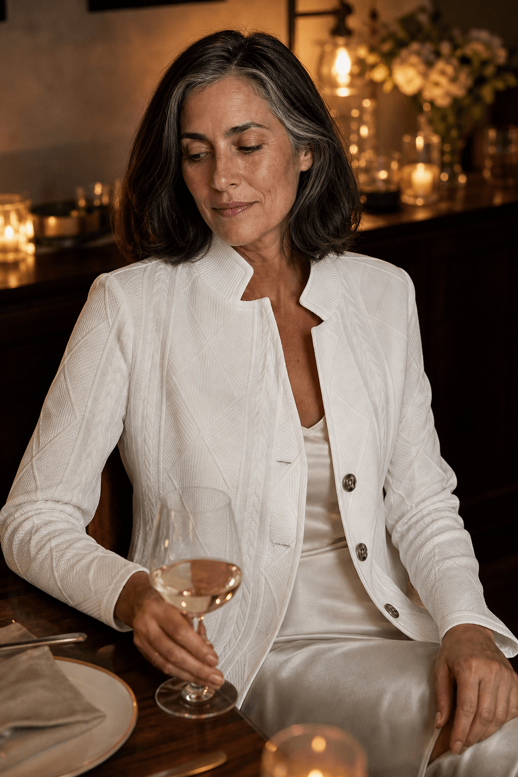 Textured Knit Open-Front Tailored Blazer with Stand Collar for Women