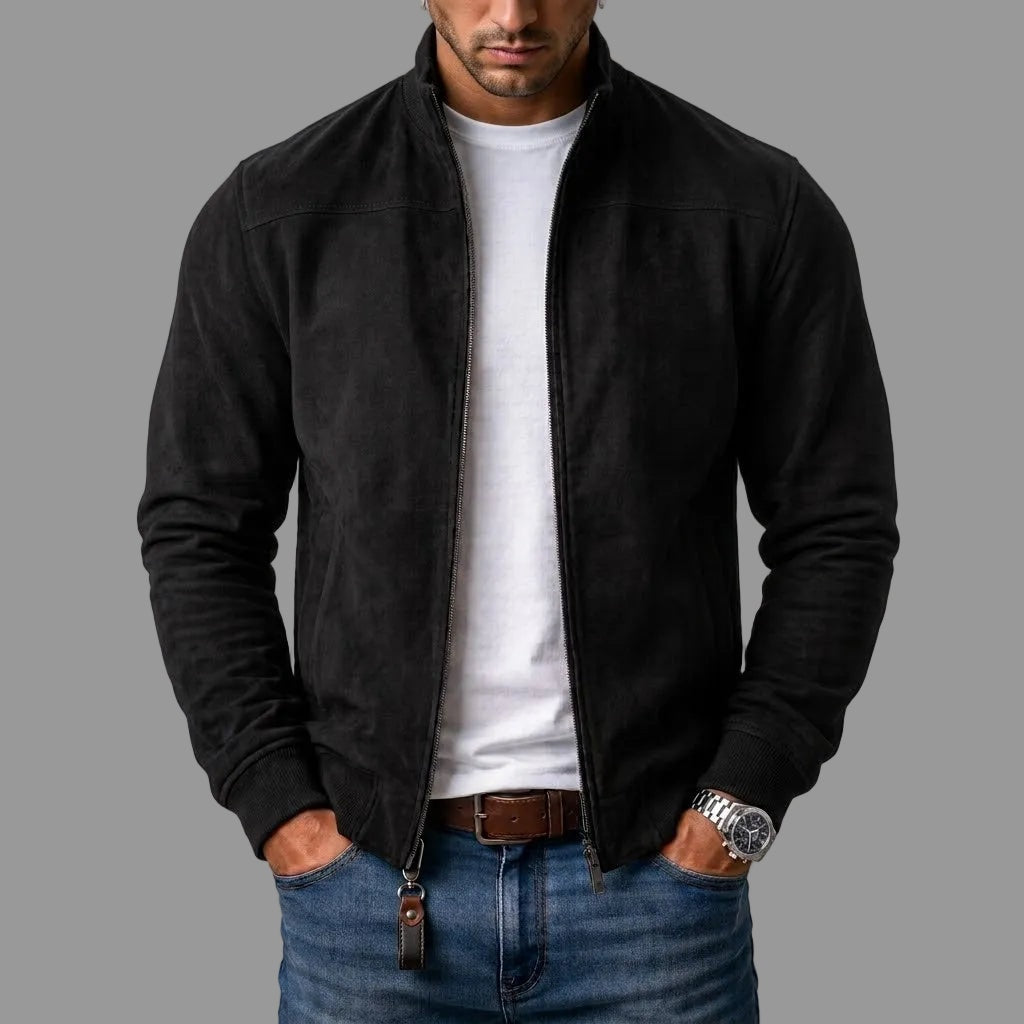 Men's Zip-Up Bomber Jacket in Suede with Stand Collar and Ribbed Hem
