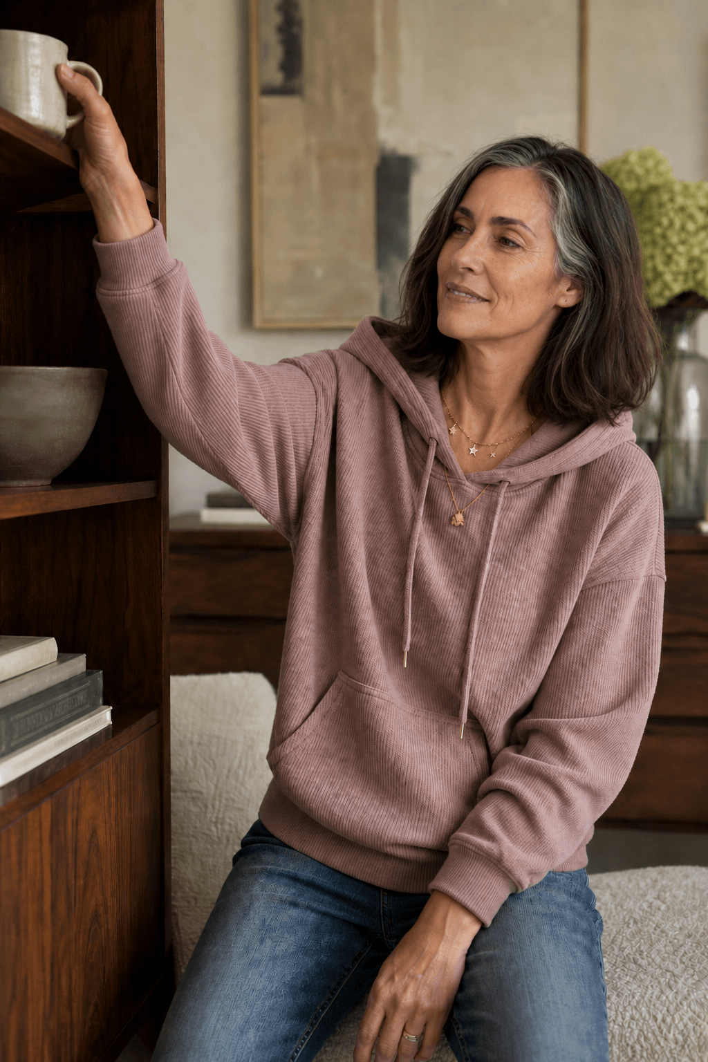 Women's Ribbed Corduroy-Look Pullover Hoodie with Front Pocket