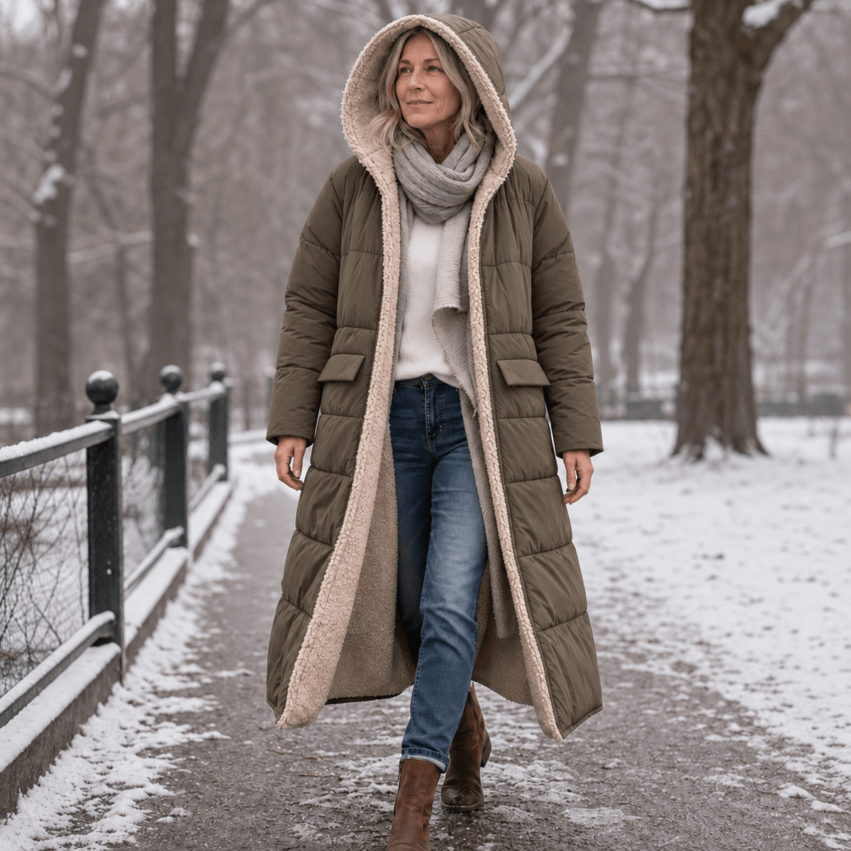 Reversa Women's Reversible Hooded Long Winter Coat with Faux Shearling Lining