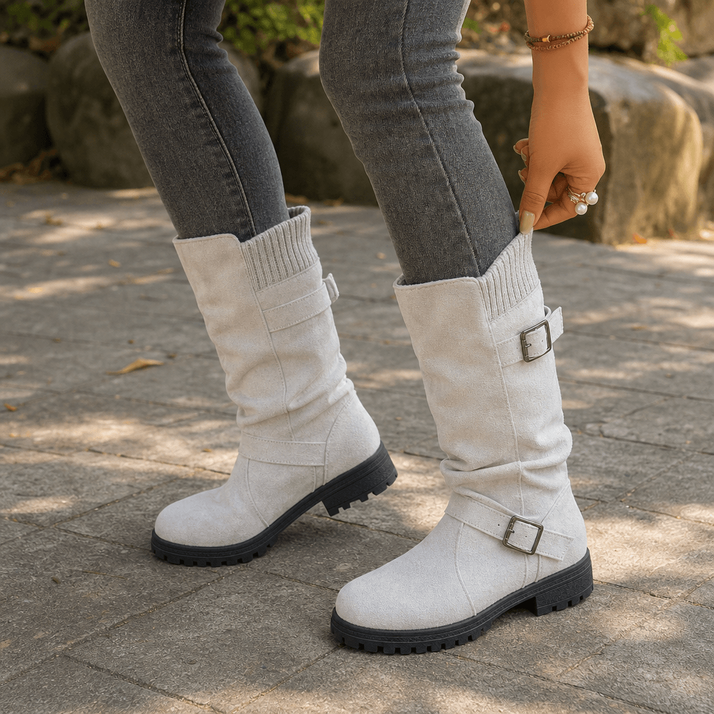 Ribbed Cuff Lug Sole Slouch Women's Boots with Suede-Look Upper