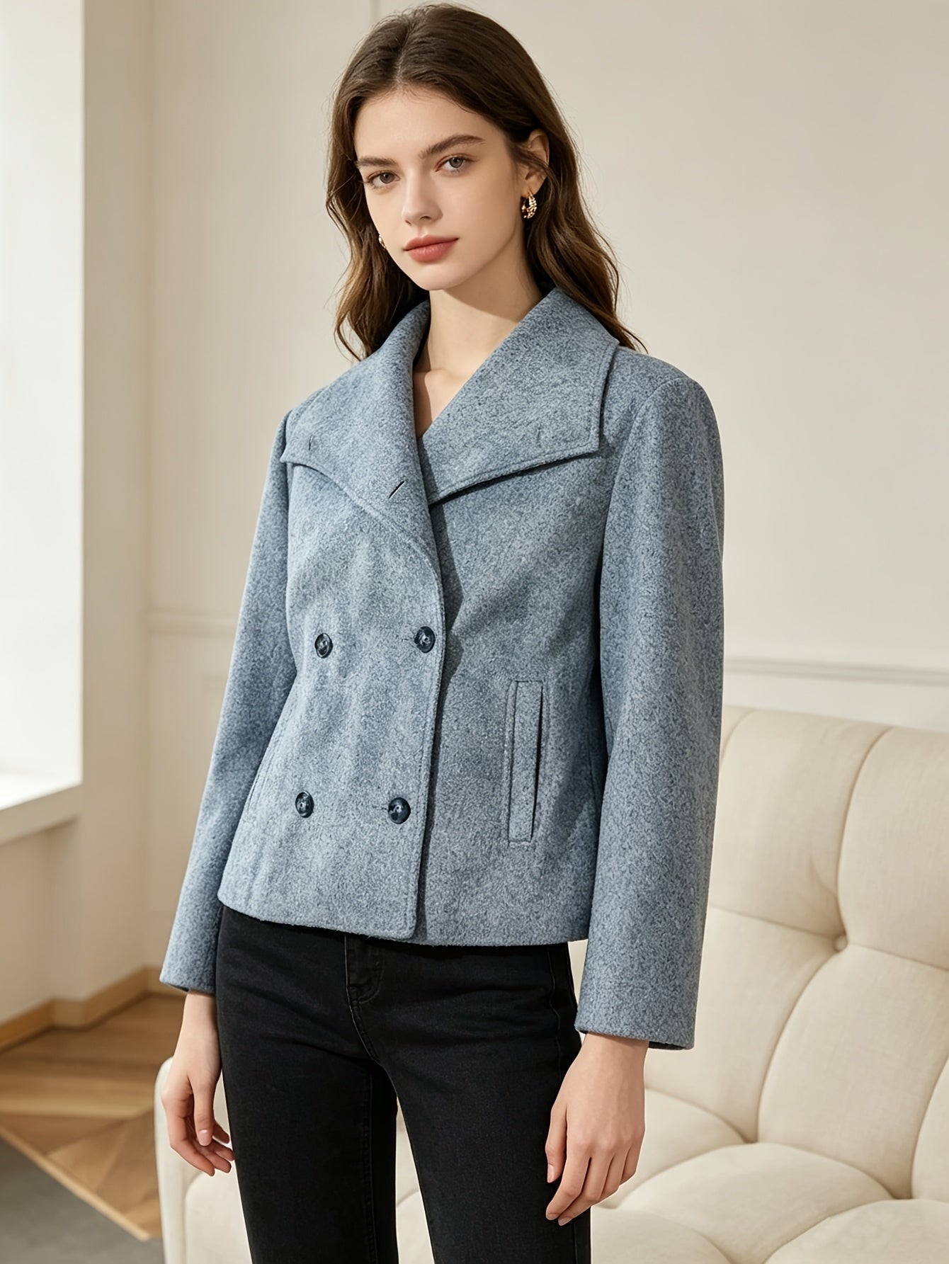Cropped Wool Pea Coat with Notch Lapel and Double Breasted Button Front