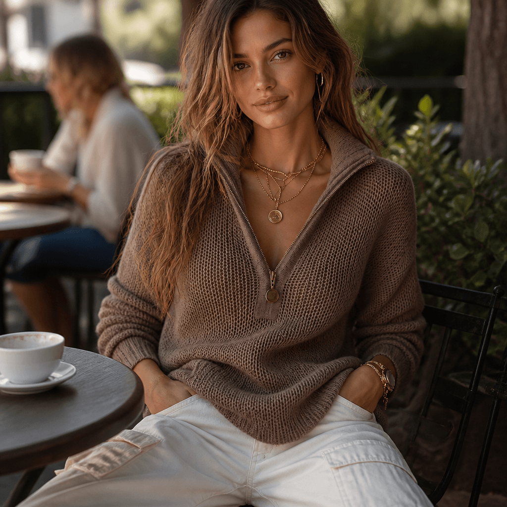 Women's Half-Zip Textured Knitted Sweater with Convertible Collar
