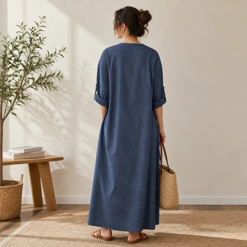 Striped V-Neck Maxi Dress with Long Sleeves and Pockets for Women