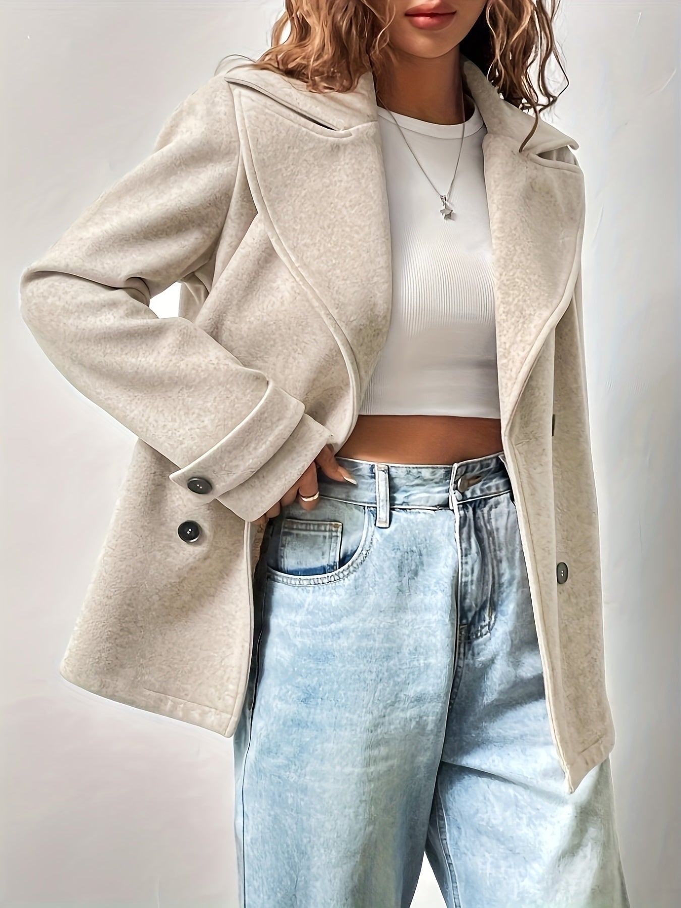Oversized Double Breasted Pea Coat with Notched Lapel for Women