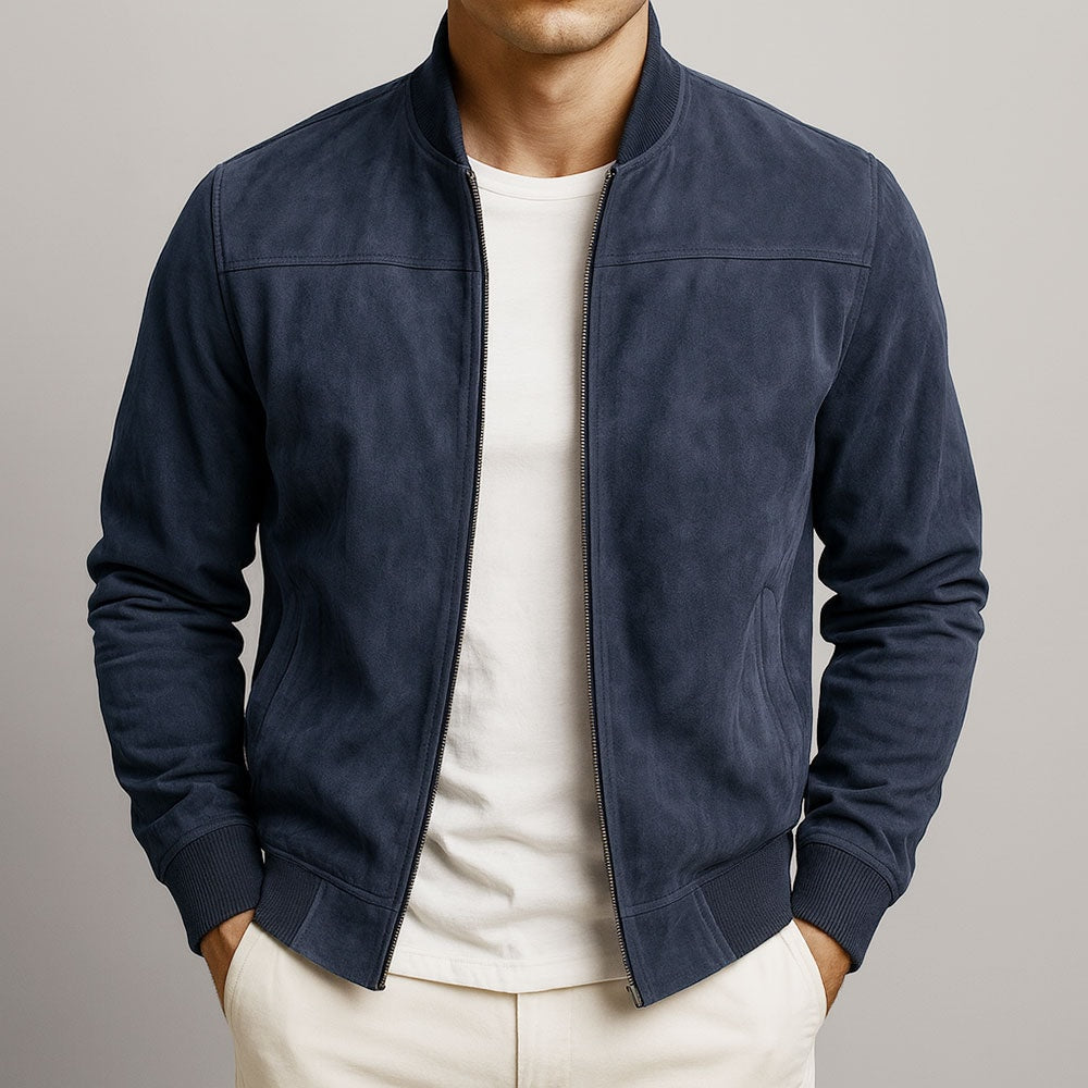Men's Faux Suede Bomber Jacket with Textured Finish